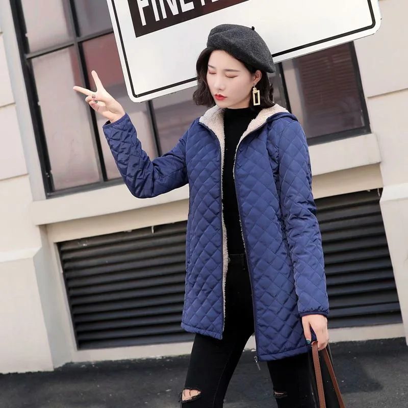 

5-Color Long Sleeve Hooded plus Velvet Mid-length Cotton-padded Clothes Cotton Coat 2019 Winter New Style Europe And America WOM