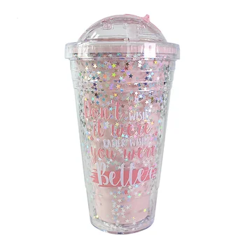 

1pc Plastic Straw Cup Cartoon Mug Double-layer Sippy Cup Portable Drinking Bottle for Women Girls Students (400ML)