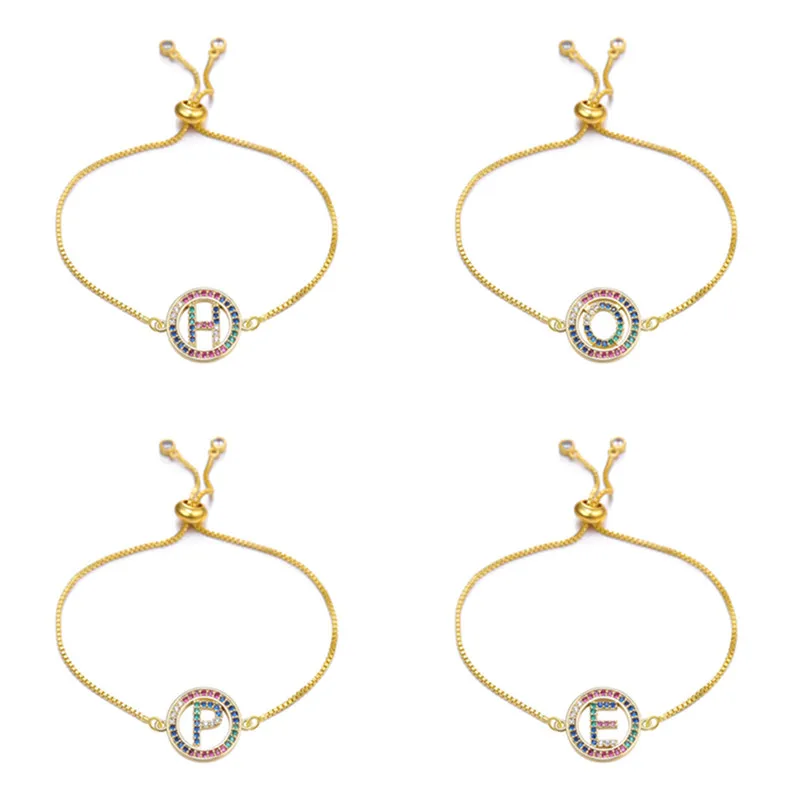 Rainbow Zircon Paved 26 Letter Copper Bracelet Adjustable Colorful CZ Initial Name Snake Chain Wristlet Women Jewelry Gift | Украшения и