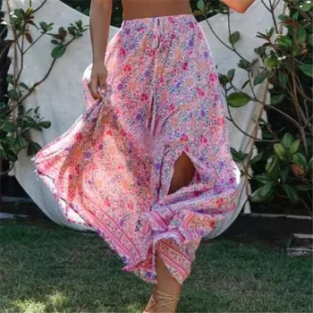 

Sexy Women Floral Printed Skirts Vintage High Waist Beach Skirts 2020 New Arrival Beach Holiday Straight Split Long Maxi Skirt