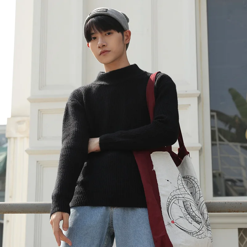 

Solid Thick Mens Knit Pullover Sweaters 2019 Yellow Red White Boys Sweaters Winter O-Neck England Style Men Knit Wear