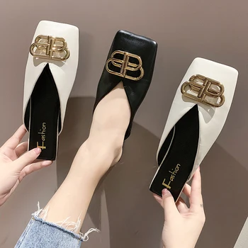 

2020 summer new women's square head Korean women's casual low-heeled women's shoes comfortable flat bottom half support shoes