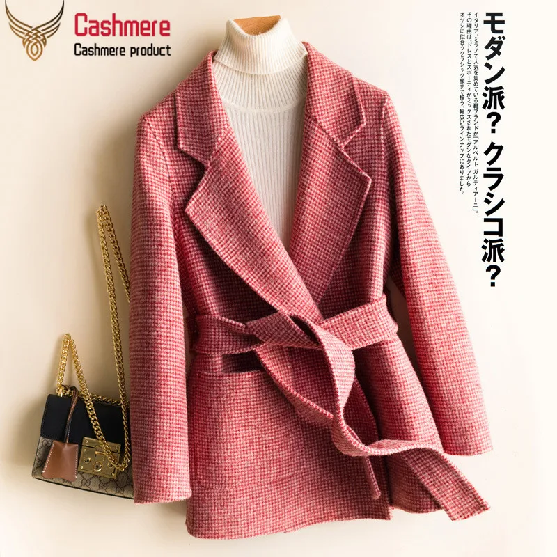 Houndstooth red Осеннее и зимнее Новое клетчатое двустороннее шерстяное пальто чистая шерсть Короткое шерстяное пальто женский костюм с воротником красное пальто для путешествий - Цвет: Houndstooth red