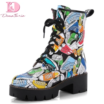 

Doratasia Motorcycle Boots female Rubber Square Heel Round Toe Lace-Up Graffiti Ankle boots Platform women shoes big size 43