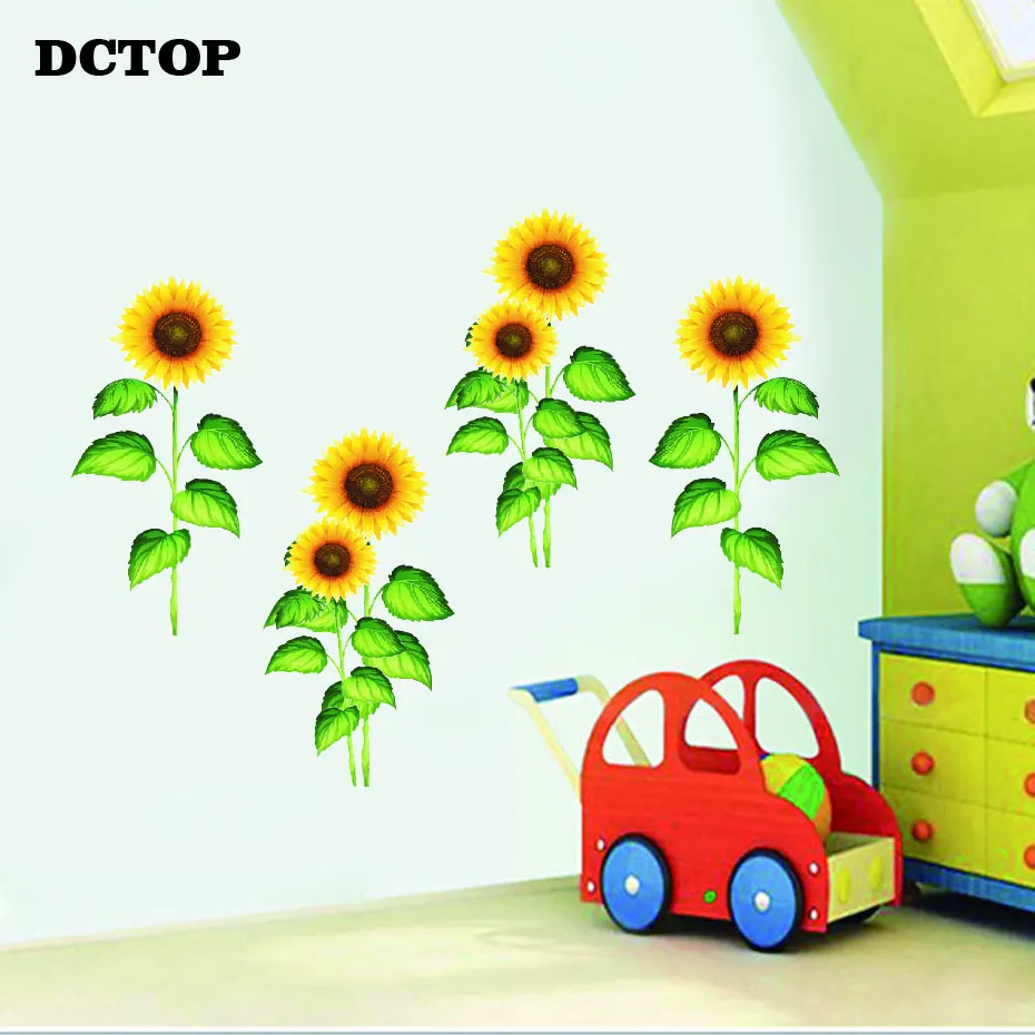 Pretty Sunflower Stickers Green Plant DIY Art Vinyls Wall Decals for Kids Children Nursery Room Door Home Decoration Wallpaper | Дом и сад