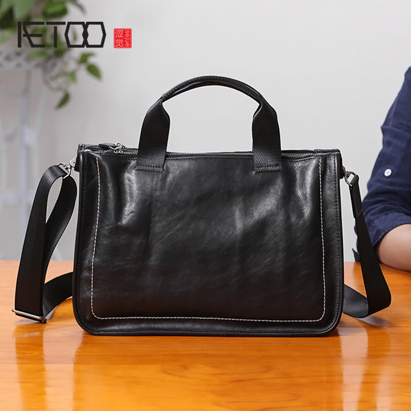 

BJYL Leather handbag male Leather soft leather oblique cross bag business leisure men's head cowhide shoulder bag