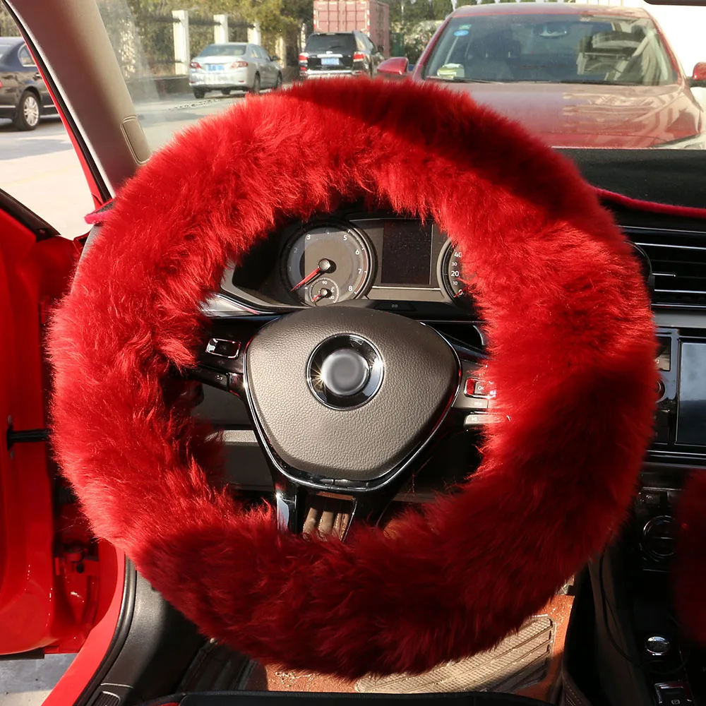 3Pcs/Set Winter Long Wool Car Steering Wheel Gear Knob Shifter Parking Brake Cover Warm Soft Plush Women Auto Accessories 6Color