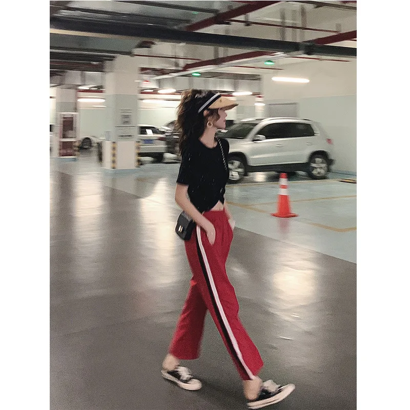 

Summer Wear Scheming Liangsi Sexy Short Navel T-shirt WOMEN'S Short Sleeved 2019 New Style Tops Athletic Pants Two-Piece Set