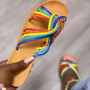 

2020 Summer New Woman's Summer Slippers Flat Sandals Open Toe Rainbow Outdoor Beach Shoes Fashion Comfortable Plus Size 41