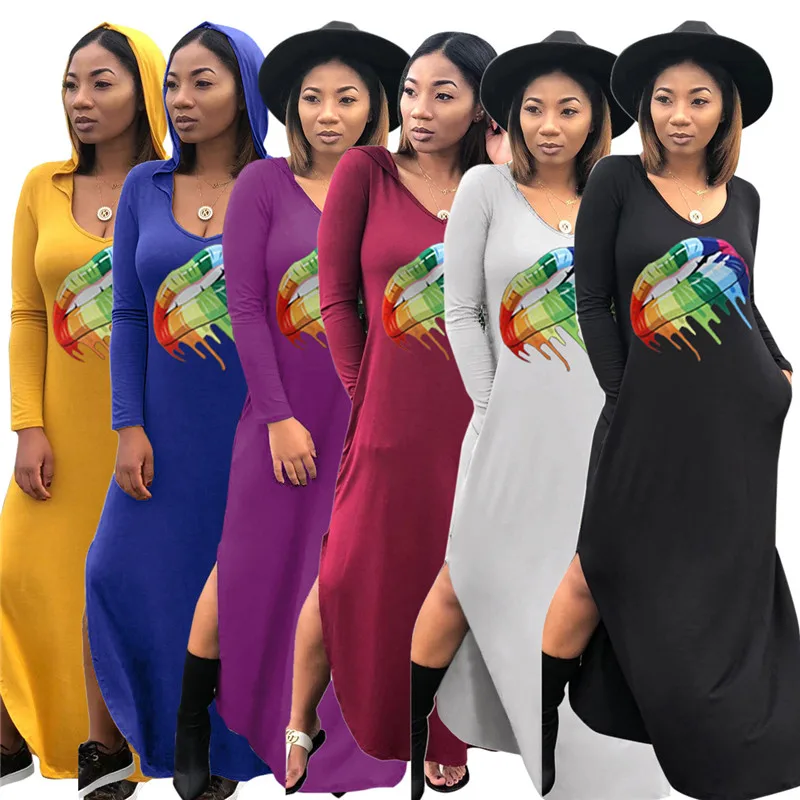 

Autumn New Women Designer Casual Dress Spring Hooded Colorful Lip Printed Long Dresses