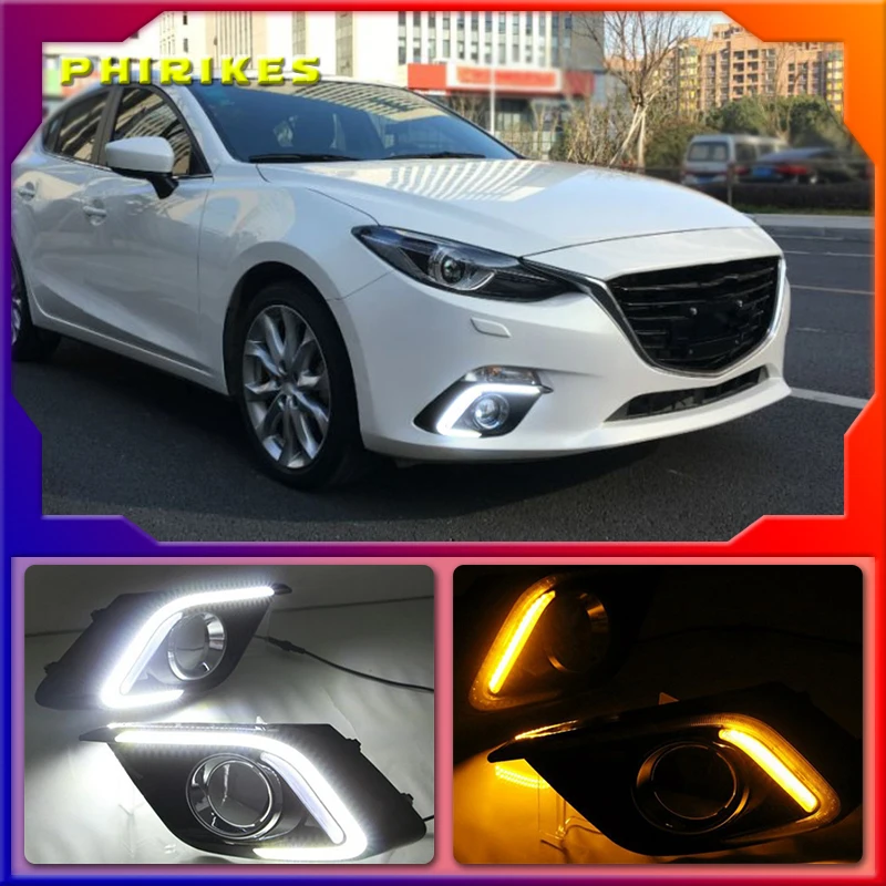 

1Pair DRL For Mazda 3 Axela 2014 2015 2016 Daytime Running Lights fog lamp cover headlight 12V Daylight with Yellow