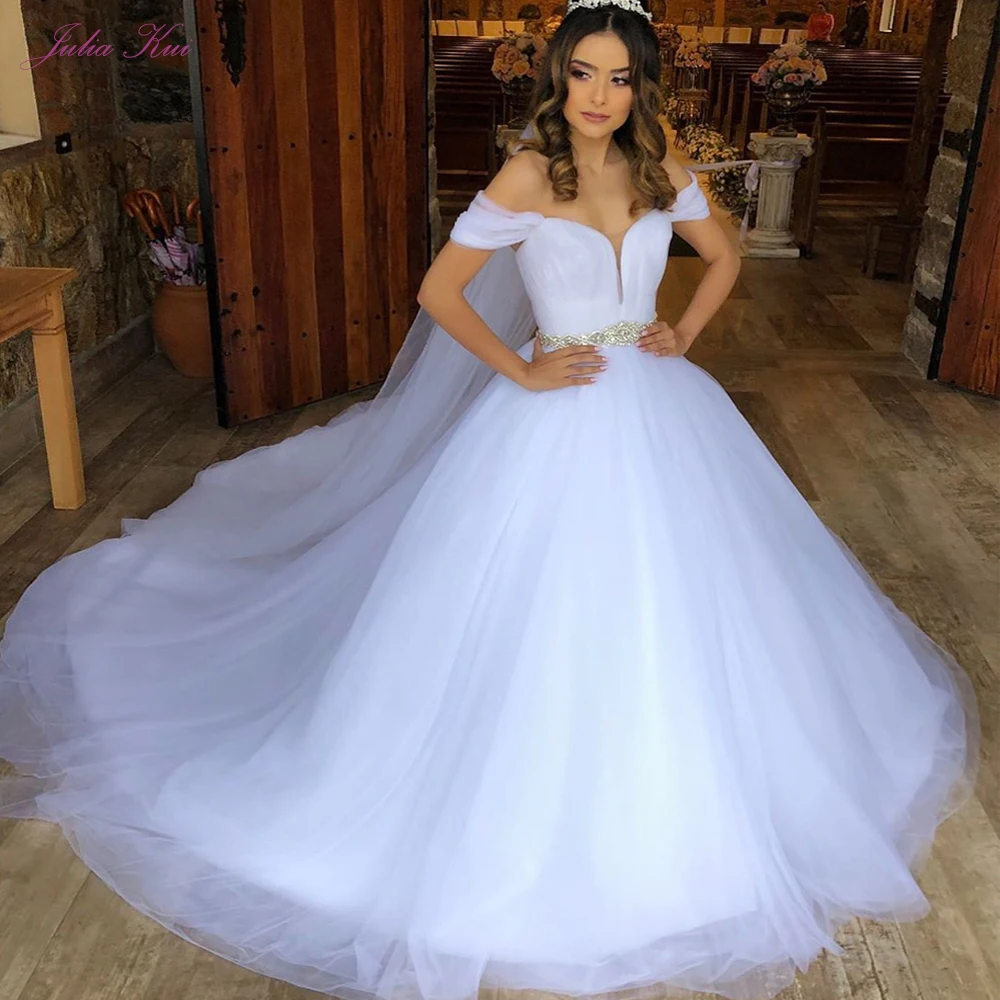 

Julia Kui Tulle Ball Gown Wedding Dress Off The Shoulder With Chapel Train Simple Bride Dress