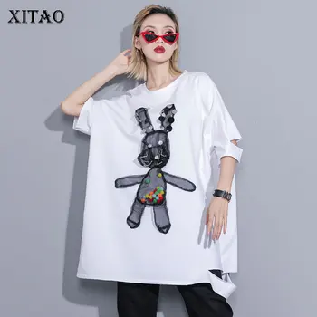 

[XITAO] Long Women Fashion New 2019 Spring Summer O-neck Short Sleeve Tee Female Sequined Casual Print Cartoon T-shirt DLL3102