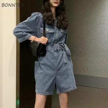

Rompers Women Denim High Waist with Sashes Pockets Retro Korean Style BF Ulzzang Vintage Leisure Streetwear Womens Playsuits New