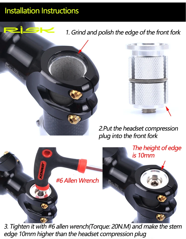 Description Picture 5 of itemRISK Bike Bicycle Fork Steerer 1-1/8" (28.6mm) Headset Stem Top Cap Carbon Compression Plug Star Nut Adjuster Expansion Bolt