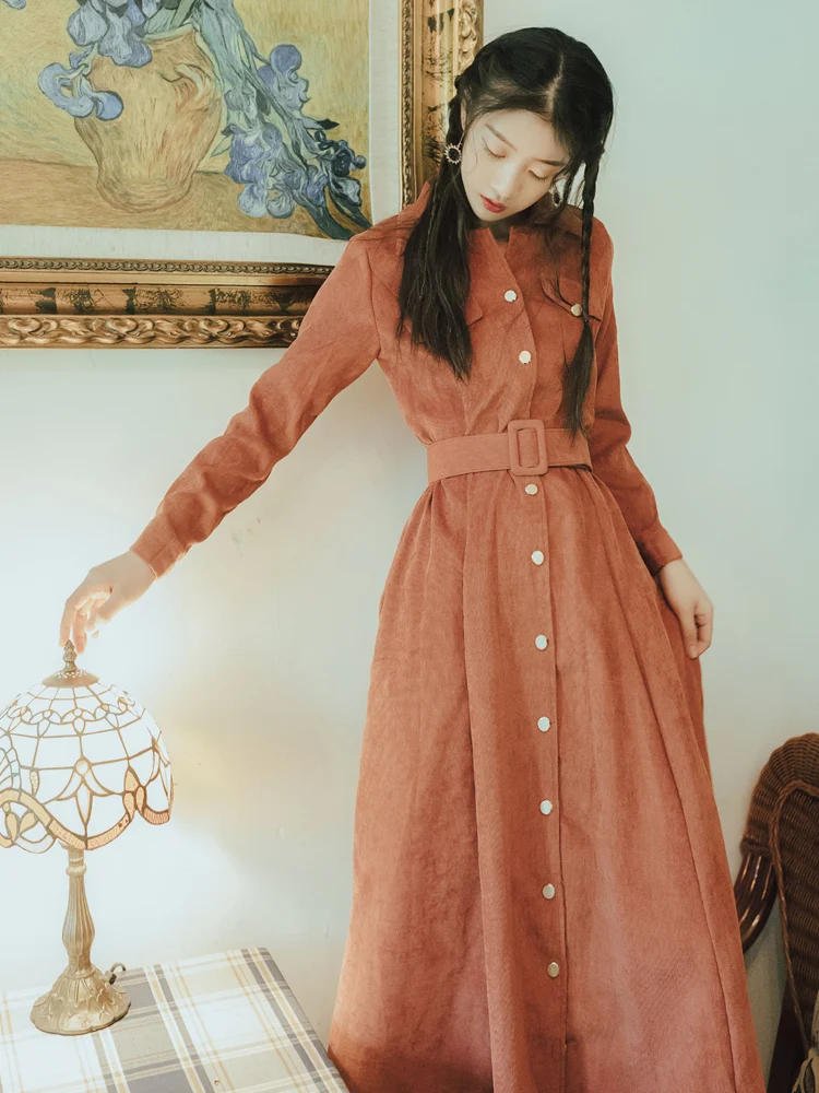 long sleeve Винтажное однобортное большое свободное женское платье осень вельвет три четверти рукав Ретро длинное платье тонкое Макси платье - Цвет: long sleeve