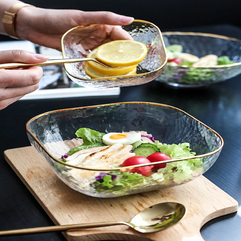 

Glass Salad Bowl Household Large Transparent Creative Breakfast Tableware Dessert Bowl Fruit Bowl Fruit Plate