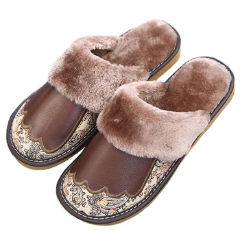 

Autumn Winter New Printed Warm Cotton Slippers Couple Leather Non-slip Beef Tendon Bottom Home Slippers Man zapatos de mujer