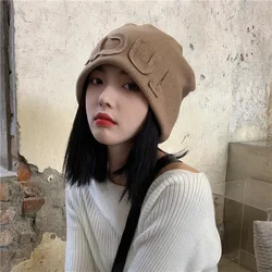 Autumn and Winter New Show Face Small Letter Warm Hat Female Fashion Package Head Cap Big  Retro Knitting Cap