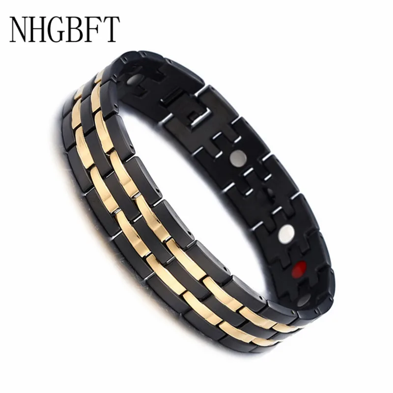 

NHGBFT Double gold stripes Hematite Bracelet For Mens Black Stainless Steel Chain Bracelet Bangle