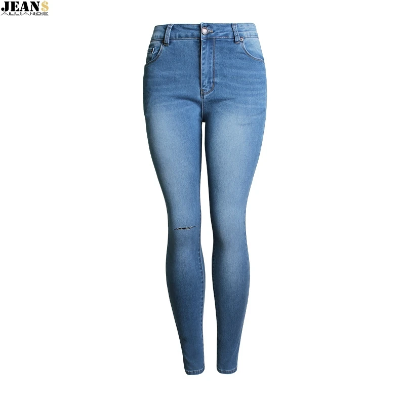 

Women`s Single Knee Ripped Dark Blue High Waisted Skinny Denim Jean Pants Trendy Women's Denim Pants