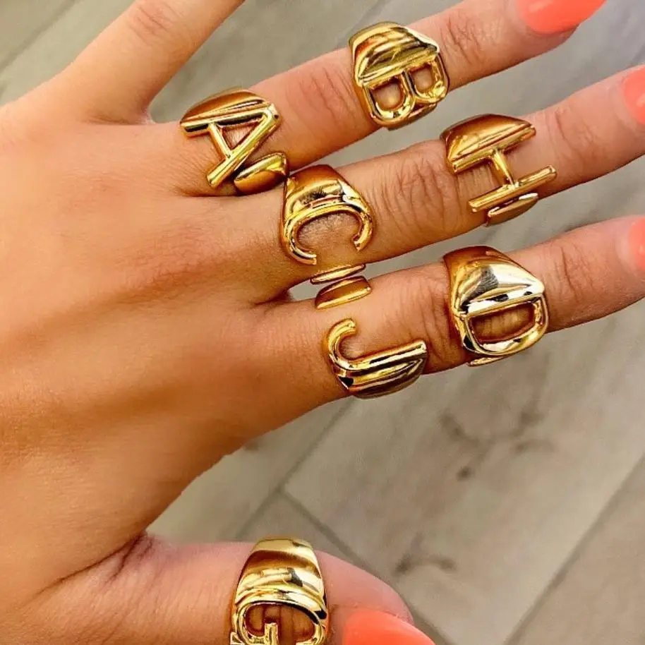 Initial A-Z Letter Rings For Women Stainless Steel Ring Alphabet Name Adjustable Finger Ring Jewelry Gift Bijoux Femme Chunky finger ring stainless steel ring adjustable rings