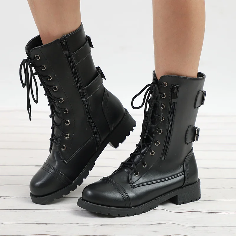 

Women Autumn Platform Mid Calf Boots Female Lace Up Punk Motorcycle Boot Plus Size Buckle Strap Zipper Ladies Low Heel Shoes