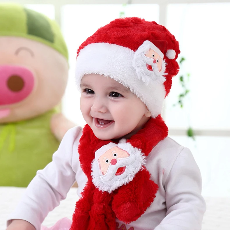 Рождественская шапка с шарфом для детей 1-3 лет, 2 предмета, теплые шапки-бини на зиму и осень, шапка с капюшоном, повседневные Твердые крышки