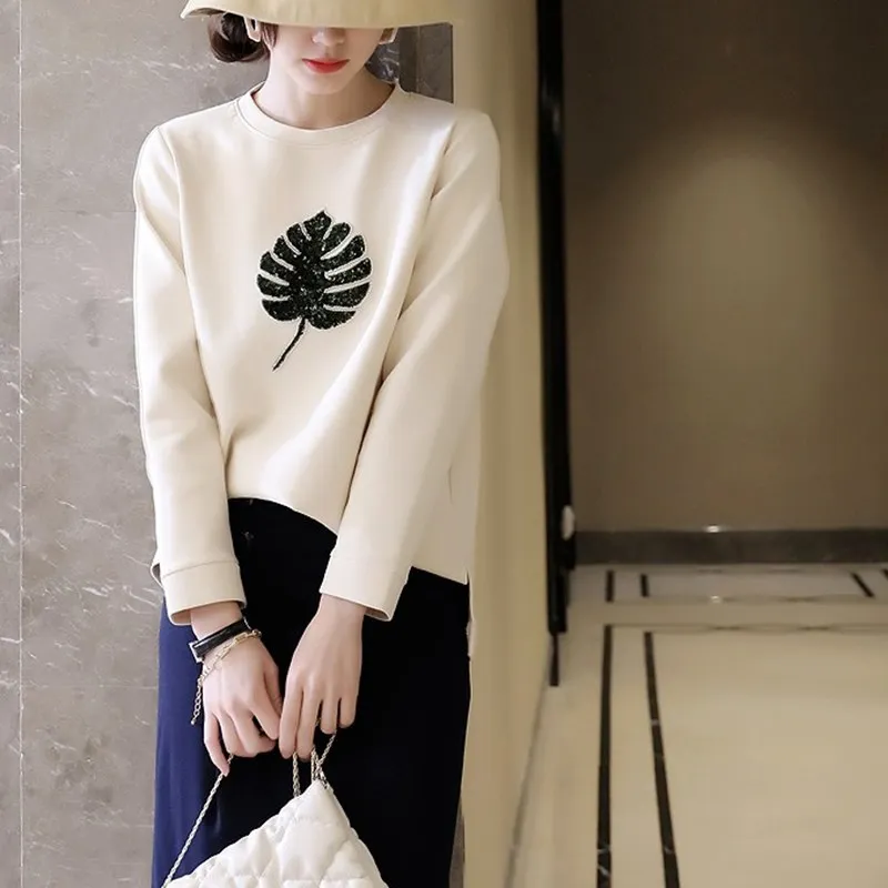 

Delicate sequined Musa leaf pattern small loose cotton sweater
