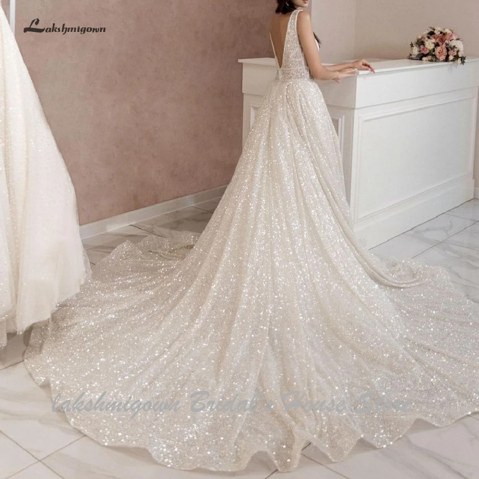 Lakshmigown Bling Bling Open Back A Line Wedding Dress 2024 Vestidos de Novia Sexy Bridal Gown Plunging Wedding Gowns Customized 3