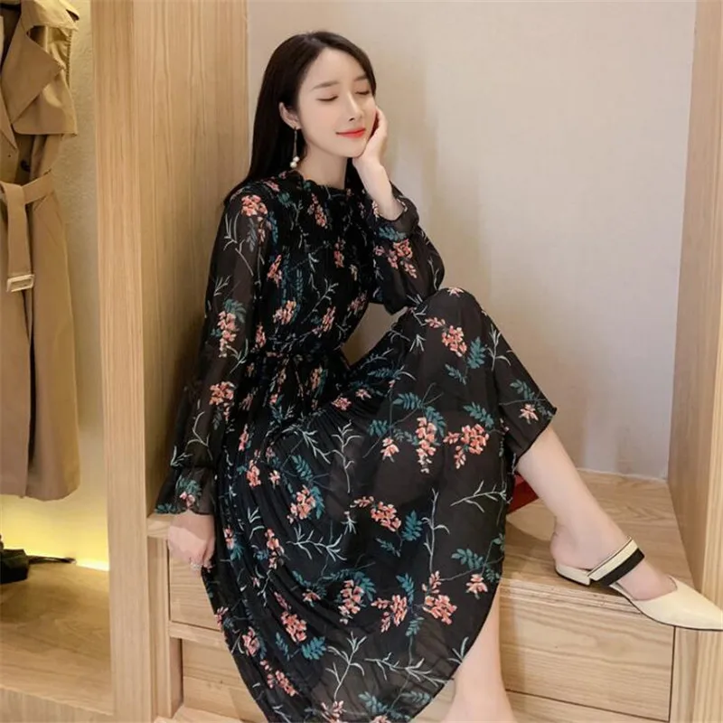 

Spring Long Sleeve Floral Print Dress Women Chiffon Pleated Long Dress Fashion Female Casual Dress Party Dress Vestidos