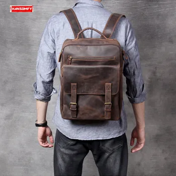 

Men Backpack Shoulder Bag Laptop Backpack School Bag Travel Backpacks Handmade First Layer Cowhide New Retro Crazy Horse Leather