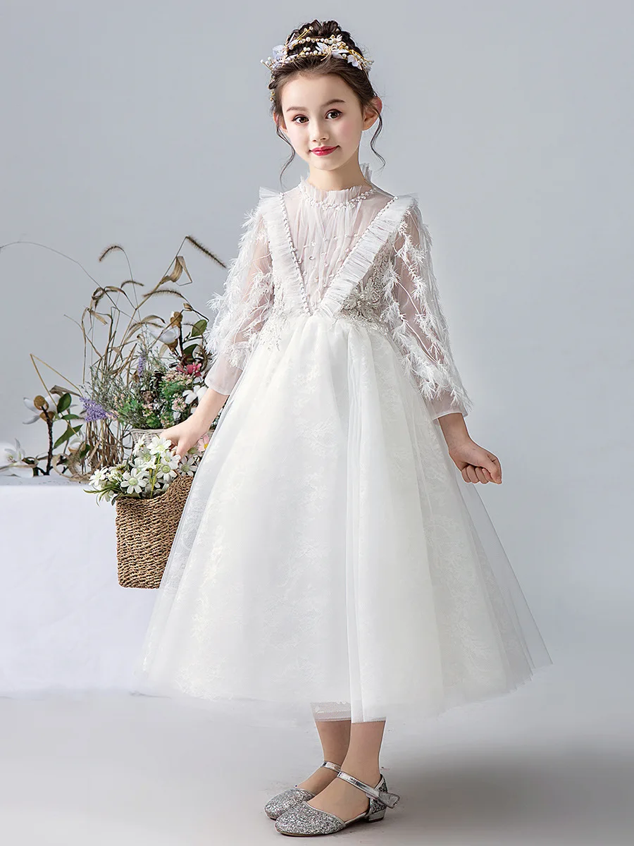 Детское платье; платье принцессы; благородное пончо для подиума для девочек; белый костюм для маленьких девочек