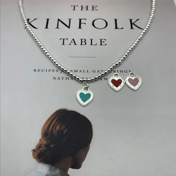 

Hot Fashion Enamel Love Heart Pendant 4mm Bead Necklaces for Women Birthday Valentine Gift S925 Sterling Silver 1:1 LOGO Jewelry