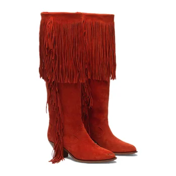 

Women Point Toe Tassels Boots Cone Heel Botas Red Suede Slip On Mid Calf Boots Woman Tassel Knee High Boots Tassel Party Shoes