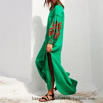 

HAMALIEL New High Quality Runway Women Boho Maxi Dress 2020 Spring Summer Green Floral Embroidery Long Dress Belt Holiday Dress
