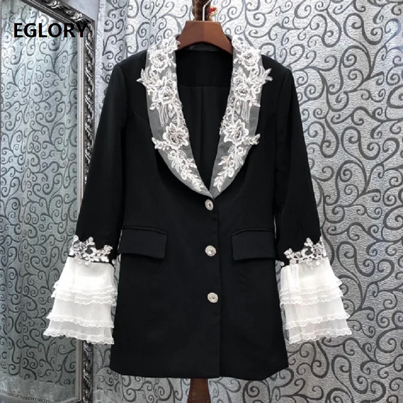 Женский блейзер с длинным рукавом черный пиджак отложным воротником и кружевной