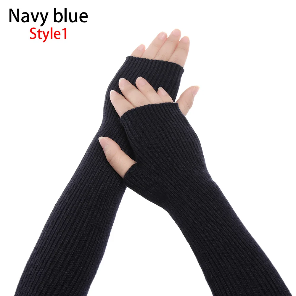 Эластичные вязаные гетры для рук на осень и зиму, шерстяные кашемировые вязаные одноцветные длинные перчатки без пальцев - Цвет: navy blue 1