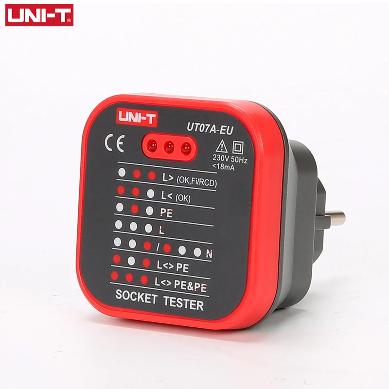 

UNI-T UT07 Socket Testers Detector EU Plug Ground Neutral Fire Plug Polarity Phase Check Wiring Detection RCD Leakage Test