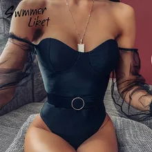 Бразильское бикини,, стринги, сетка, длинный рукав, купальник для женщин, прозрачный, боди, Цельный купальник, женский, с пряжкой, с поясом, монокини