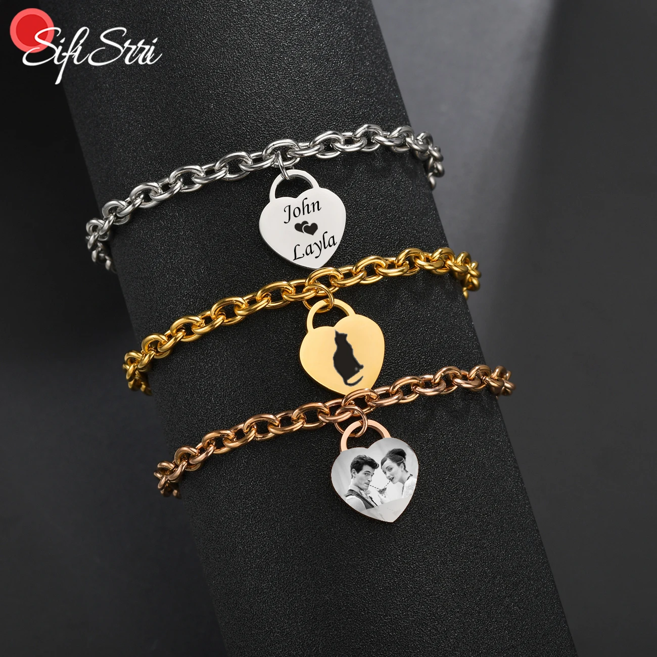

Sifisrri Personalized Stainless Steel Heart Bracelets Engrave Photo Name Date Custom Women Jewelry For Lovers Birthday Gift