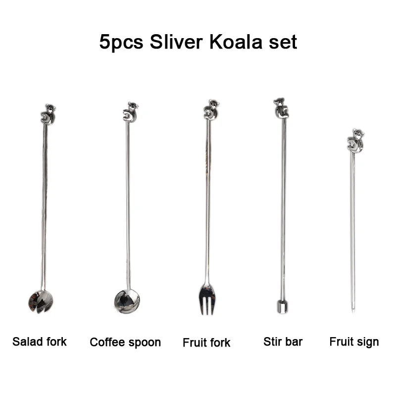 Sliver Koala set 5 шт. золотой комплект кофейных ложек из нержавеющей стали с длинной ручкой для мороженого, десертные ложки для перемешивания, серебристые фруктовые вилки, креативная барная посуда - Цвет: Sliver Koala set