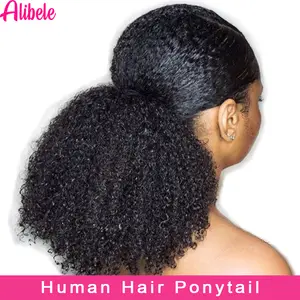 Волосы для наращивания Alibele Mogolian, афро, кудрявые, кудрявые, на шнурке, конский хвост, 4B 4C, Реми, 10-28 дюймов, длинный зажим для наращивания конск...