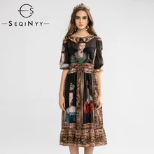 SEQINYY винтажное платье Лето Весна новое модное дизайнерское платье с коротким рукавом А-силуэта с принтом миди черное шифоновое платье