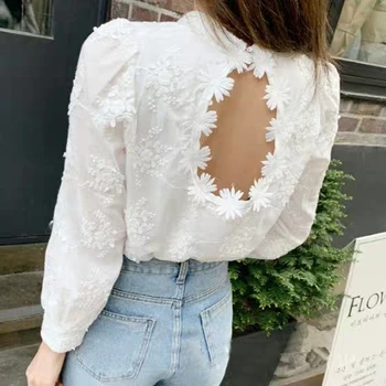 

Three-dimensional flower embroidery women shirt tops Backless long sleeve casual wild lady shirt 2020 new