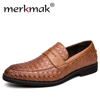 

Merkmak 2019 New Autumn Men Dress Shoes Fashion Slip-on Business Formal Shoes Big Size Comfortable Men Loafers for Party Wedding