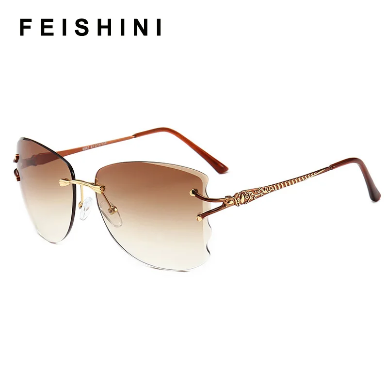 FEISHINI, модные женские солнцезащитные очки, без оправы, роскошные женские солнцезащитные очки, Ретро стиль, сплав, оправа, классический бренд, дизайнерские очки