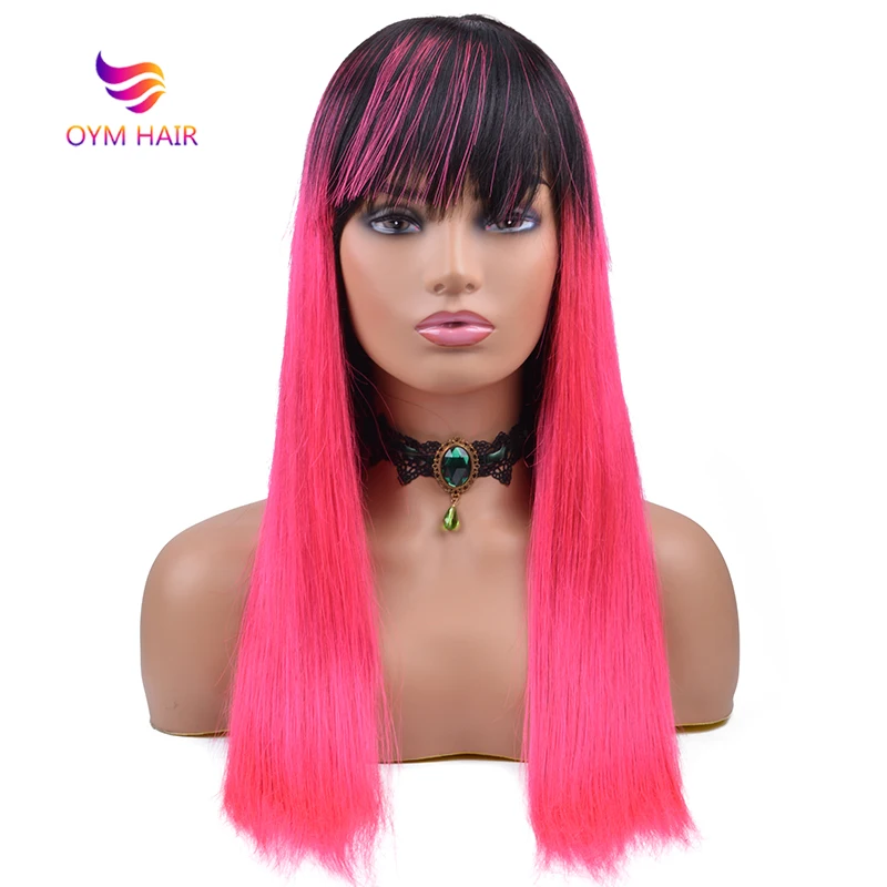 

Brazilian Colored Straight Full Machine Made Human Hair Wigs For Women Remy Ombre Pink Burgundy Red Human Hair Wig With Bangs