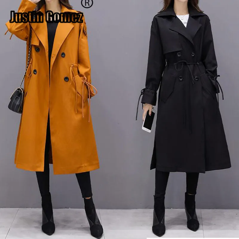 

High Fashion Streetwear Women's Midi-Length Trench Coat solid Winter Slim mustard Black Outerwear