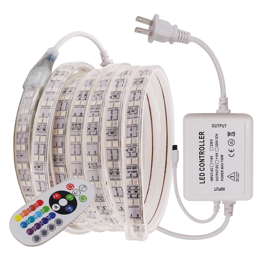 5050 RGB Светодиодная лента светильник AC 220 В IP67 Водонепроницаемый светодиодный ленточный веревочный светильник двухрядный 120 светодиодный s/m для украшения дома с 24-кнопочным пультом дистанционного управления
